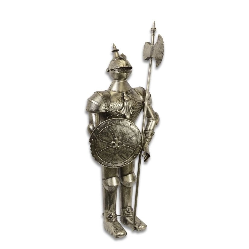 Armura mare argintie de cavaler medieval cu scut si lance