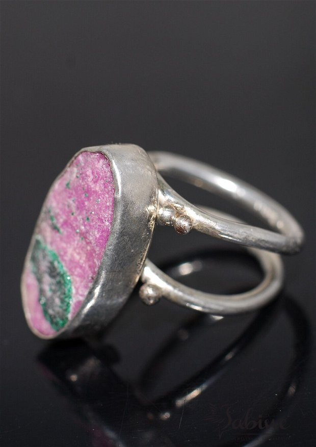 Inel argint 925 reciclat şi cobalto calcit(rosalit) brut, natural, inel organic, inel brut, inel statement