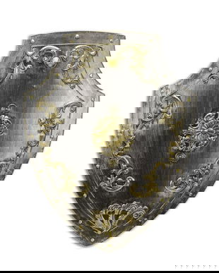 Scut argintiu din fier forjat antichizat  cu decoratiuni aurii