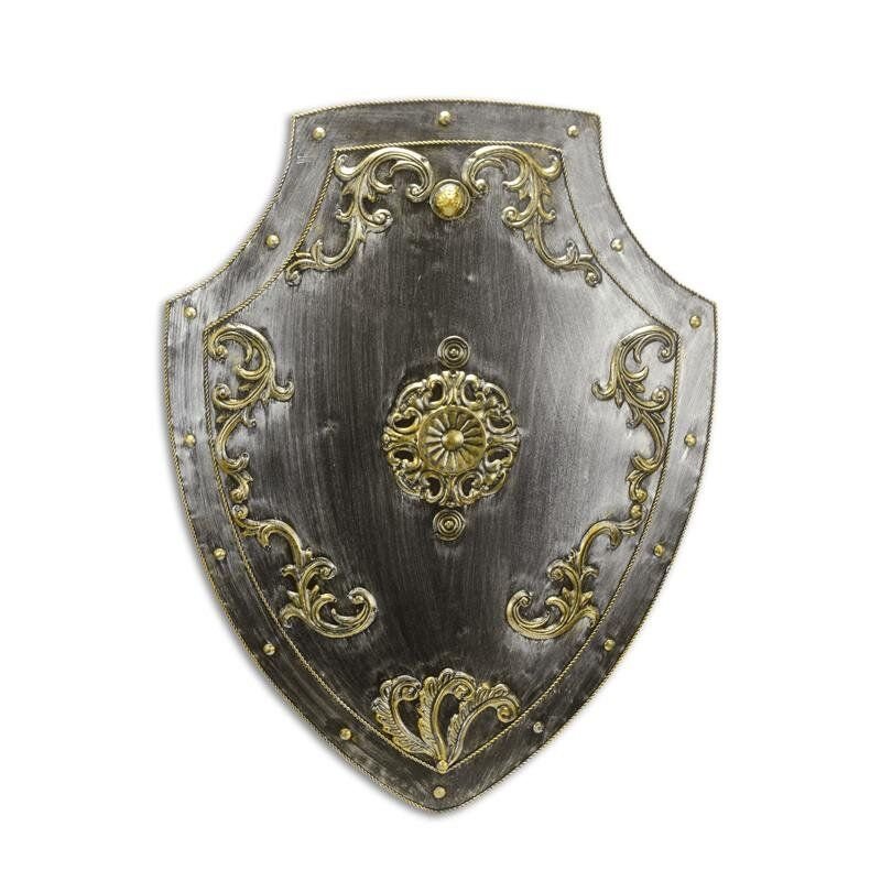 Scut argintiu din fier forjat antichizat  cu decoratiuni aurii