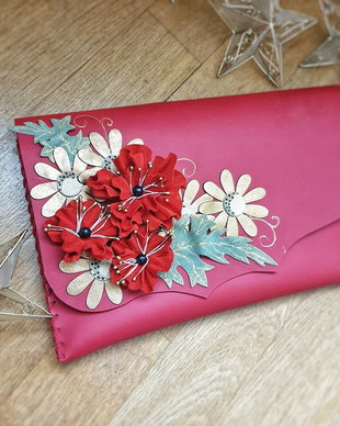 poseta plic handmade unicat din piele - Red Poppies