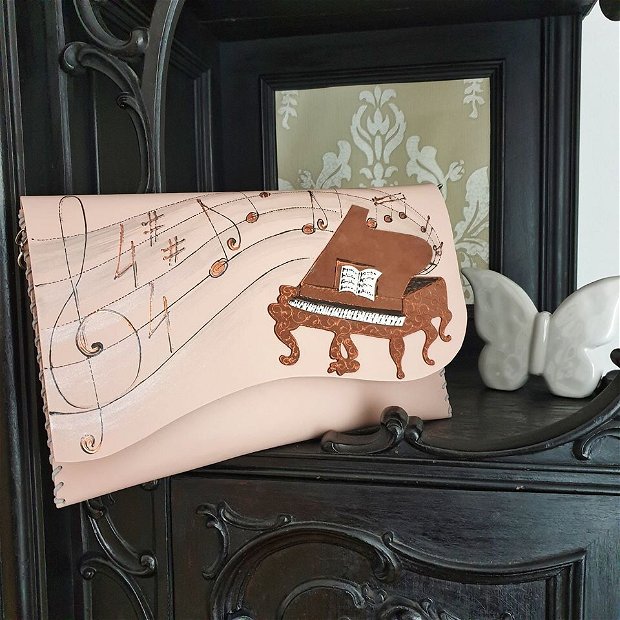 Poseta plic handmade unicat din piele naturala -Brown Piano
