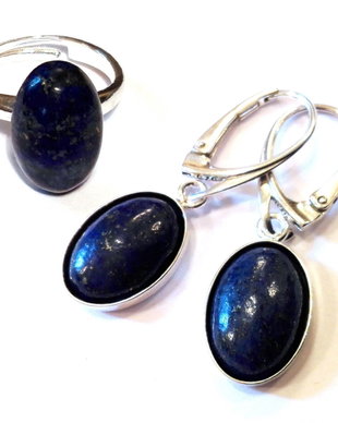 Inel reglabil si cercei din Argint 925 si Lapis lazuli oval - IN770, CE770 - Inel lapis lazuli, cercei lapis lazuli, cadou romantic, inel delicat, cercei albastri, cercei lungi, inel albastru, cristale vindecatoare, set lapis lazuli