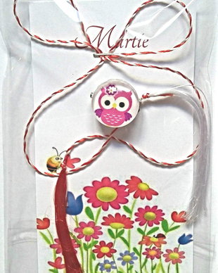 Brosa martisor cabochon sticla 14mm bufnita roz