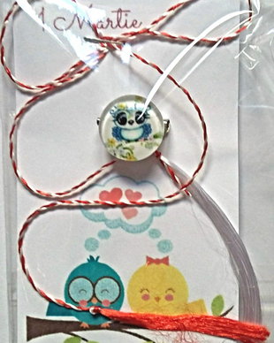 Brosa martisor cabochon sticla 14mm bufnita