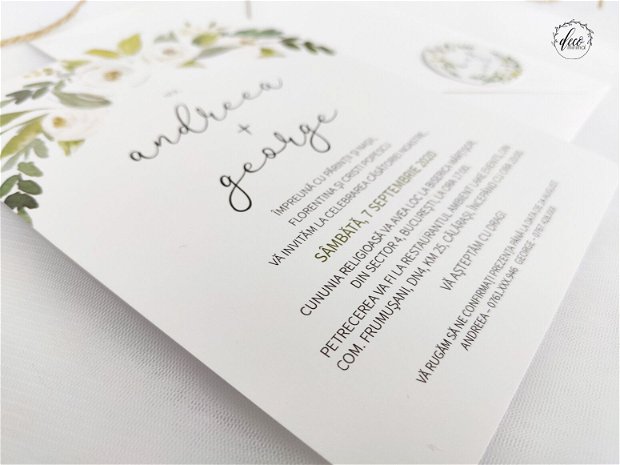 Invitatie nunta simpla, minimalista, invitatie florala, invitatie rustica, plic alb, sfoara iuta