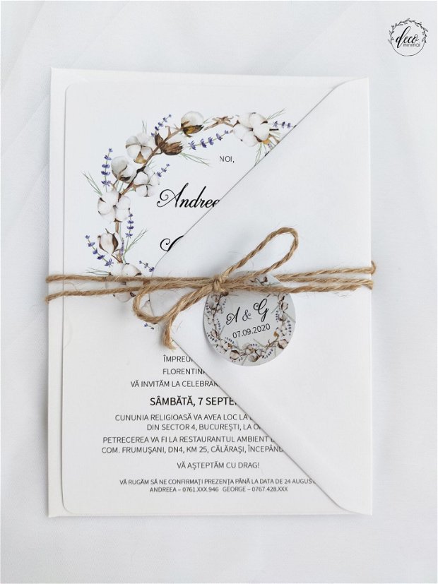 Invitatie nunta flori bumbac si lavanda, coronita, invitatie simpla, invitatie rustica