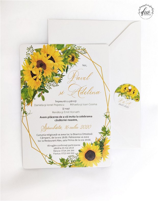Invitatie nunta Floarea Soarelui, invitatie simpla, invitatie rustica, galben