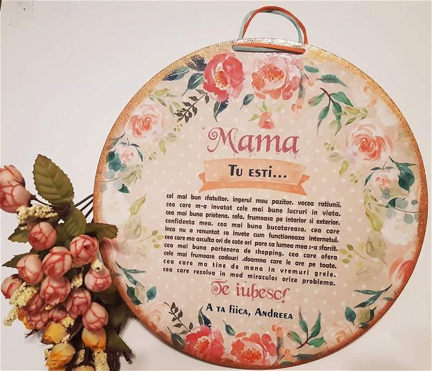 Tablou personalizabil, 25 cm, cu mesaj pentru mama, model floral.