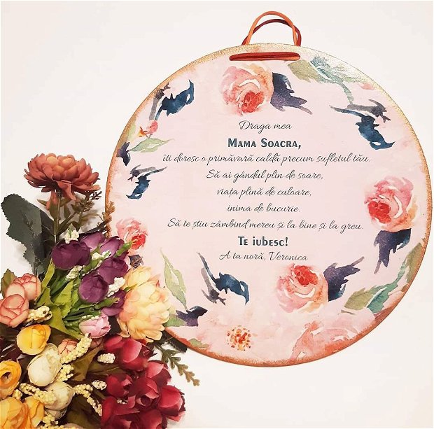 Tablou personalizabil, 25 cm, cu mesaj pentru soacra, model floral.