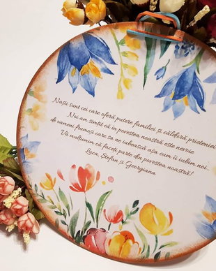 Tablou personalizabil, 25 cm, cu mesaj pentru nasi, model floral.