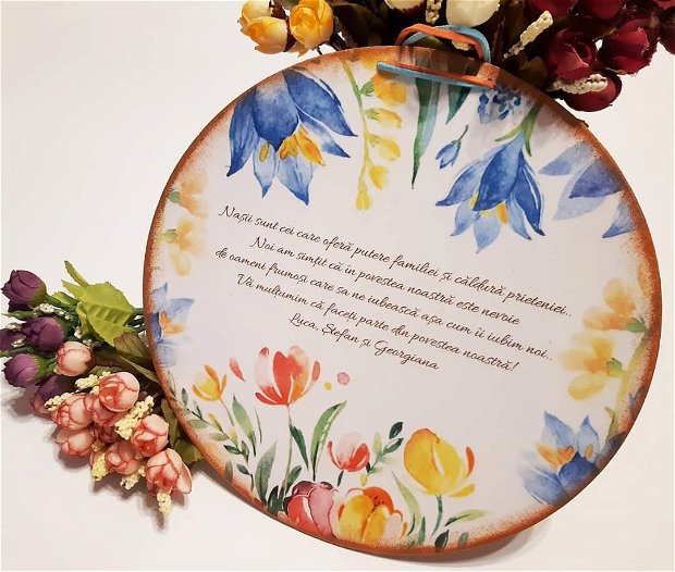 Tablou personalizabil, 25 cm, cu mesaj pentru nasi, model floral.