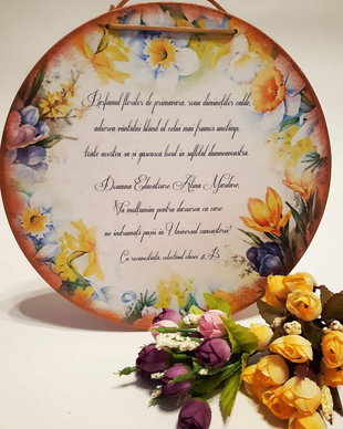 Tablou personalizabil, 25 cm, cu mesaj pentru invatatoare, educatoare, profesoara, model floral.