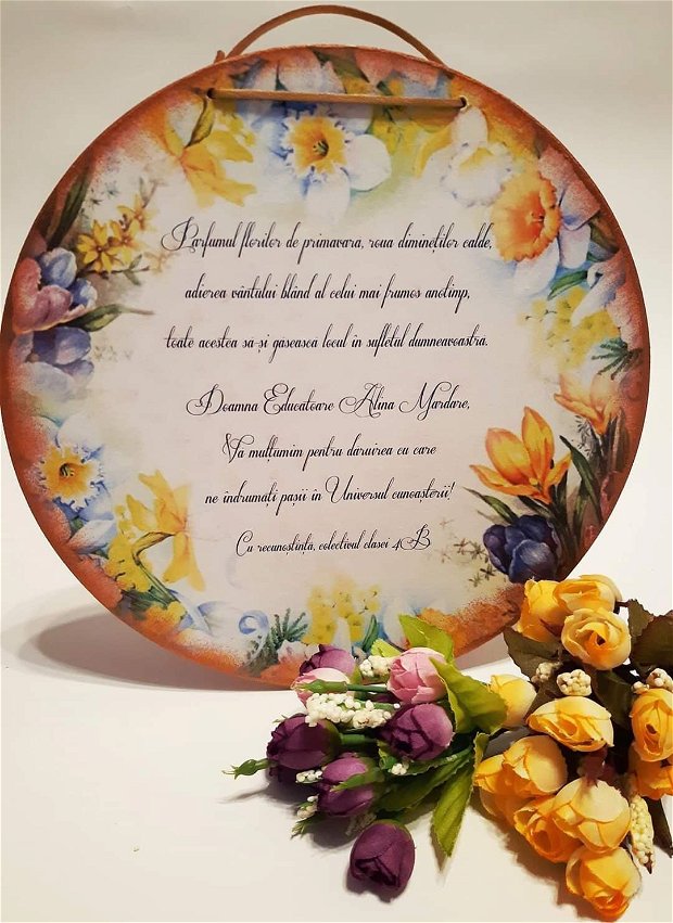 Tablou personalizabil, 25 cm, cu mesaj pentru invatatoare, educatoare, profesoara, model floral.