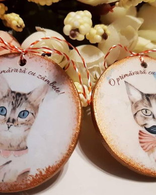 Martisoare magnetice din lemn, personalizabile, 5 cm, pisici