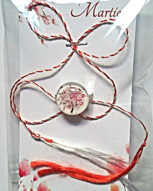 Brosa martisor cabochon sticla 14mm copacul vietii roz