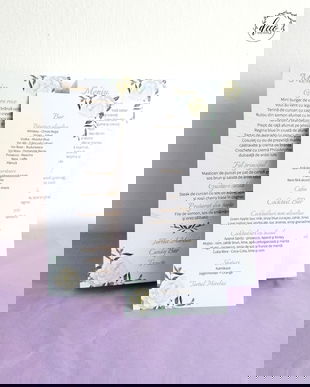 Meniu nunta frunze eucalipt si flori, meniu nunta, meniuri pe orice design, auriu