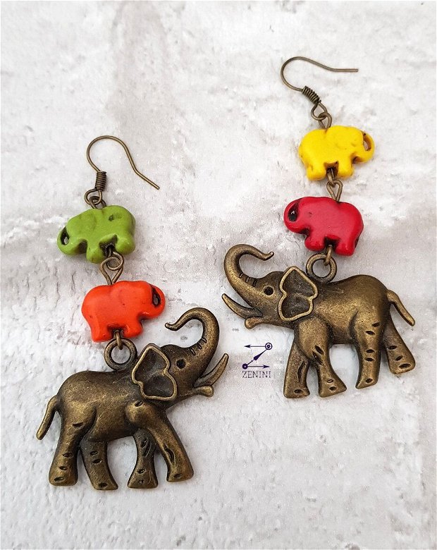 Cercei statement elefanti, cercei elefanti vintage, cercei elefanti colorati