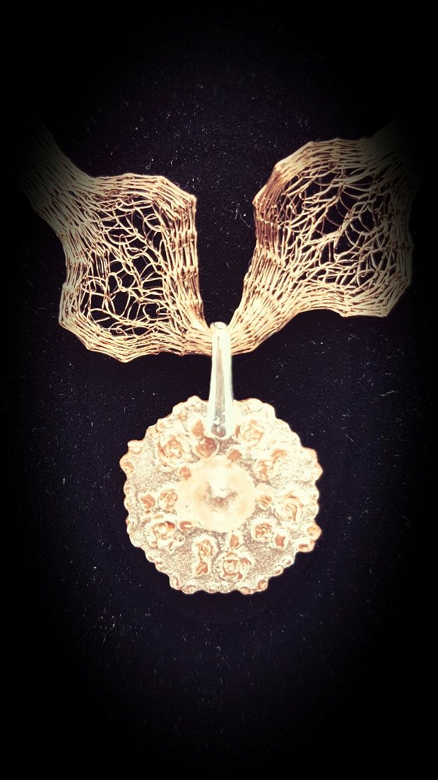 colier mesh modelabile, cu pandantiv din cupru si argint fin romantic cu model trandafirasi