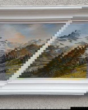 PEISAJ MONTAN -TABLOU VECHI ULEI/CARTON SEMNAT CU INITIALE