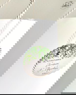 Etichete marturii frunze, etichete multumire mărturii, verde, carton gros, perforate, nunta rustica, etichete marturii nunta sau botez
