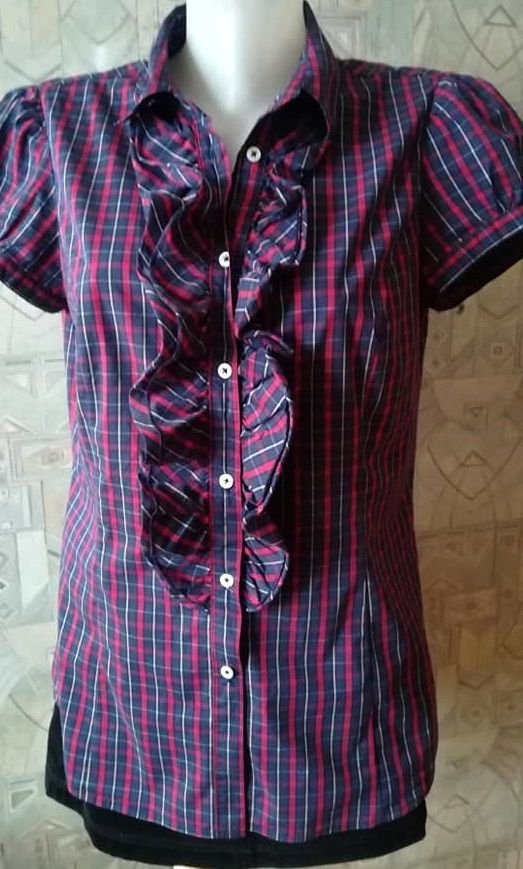 camasa / bluza bumbac in carouri bleumarin - rosu , Sisley , L