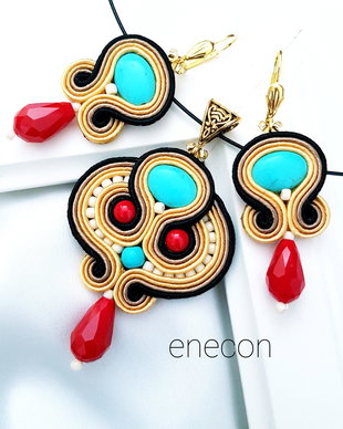 Set soutache turcoaz cu rosu