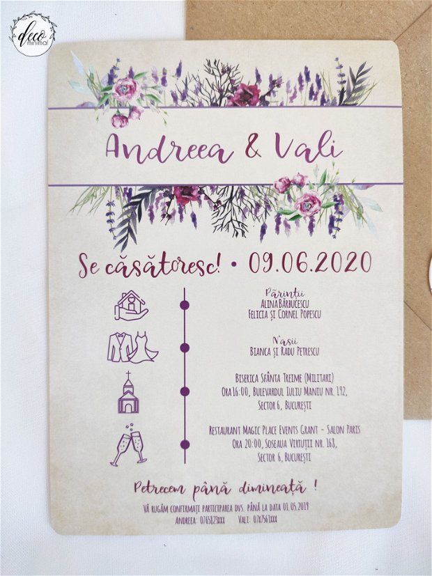 Invitatie nunta violet, cu lavanda, invitatie rustica, invitatie flori, invitatie flori, lavanda