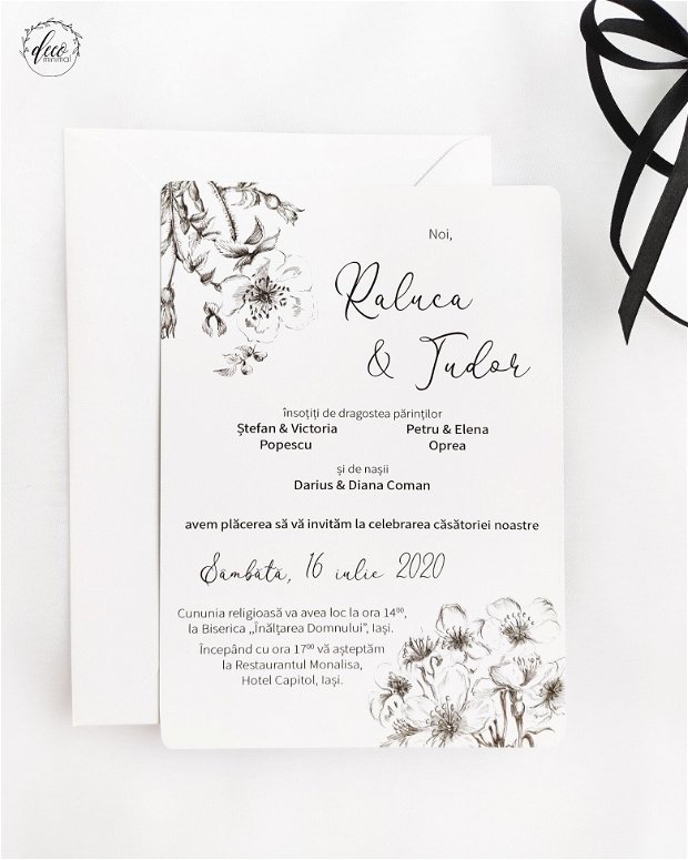 Invitatie nunta simpla, minimalista, invitatie cu desen flori, alb si negru