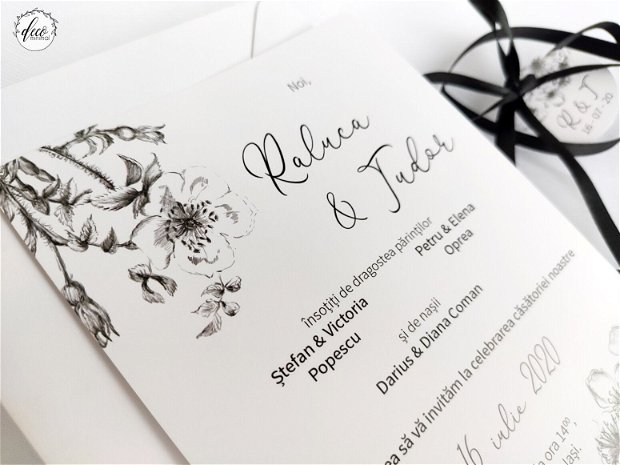 Invitatie nunta simpla, minimalista, invitatie cu desen flori, alb si negru