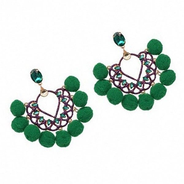 K1056 Verde # Cercei cu tija, pom - pom, aliaj metlic, cristale sticla fatetata, verde smarald
