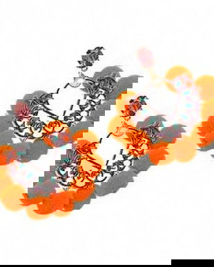 K1056 Orange # Cercei cu tija, pom - pom, aliaj metlic, cristale sticla fatetata, portocaliu / orange
