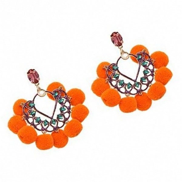 K1056 Orange # Cercei cu tija, pom - pom, aliaj metlic, cristale sticla fatetata, portocaliu / orange