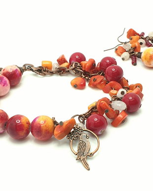 Set /bratara si cercei /jad,coral si morganit