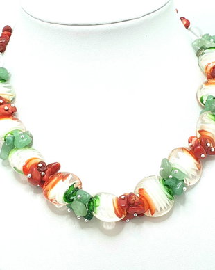 Colier lampwork,coral si aventurin