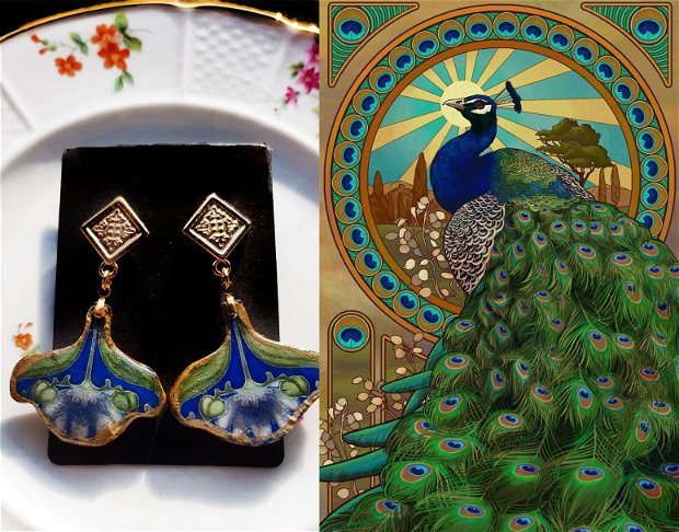 Cercei Art Nouveau "Fleur" din rasina, pasta polimerica si inox auriu