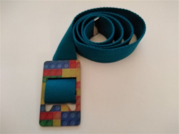 Curea turcoaz material textil fantezie cu catarama compozit lemn multicolor
