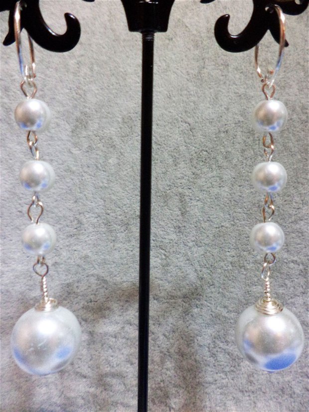 Set colier si cercei din perle de sticla cu cristal tip swarovski - white