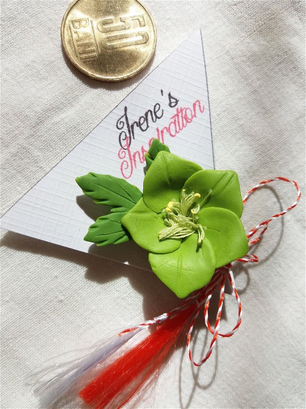 Broșă mărțișor cu floare de spânz verde