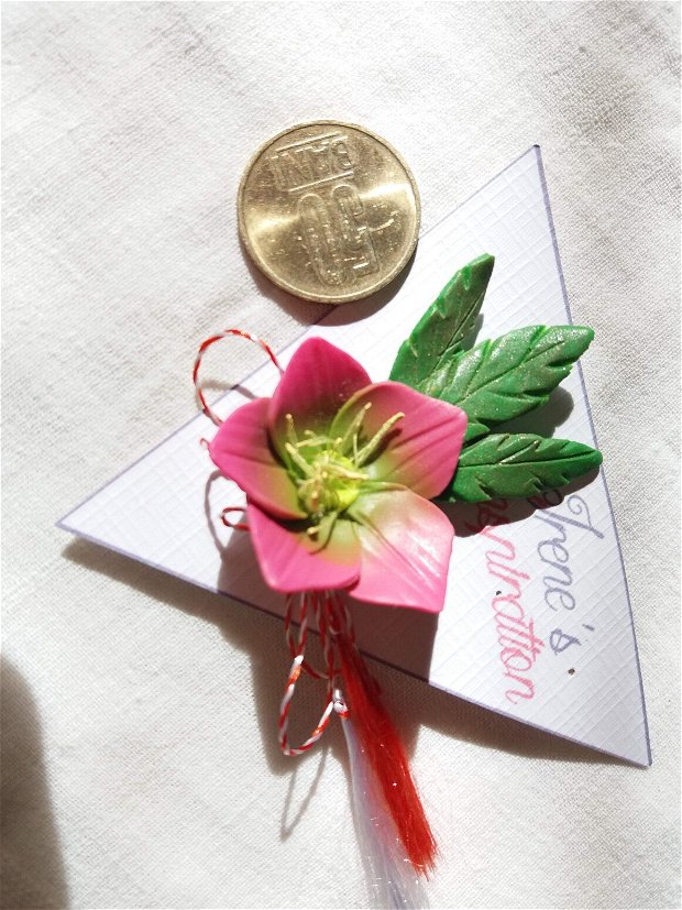 Brosă mărțișor cu floare roz de spânz