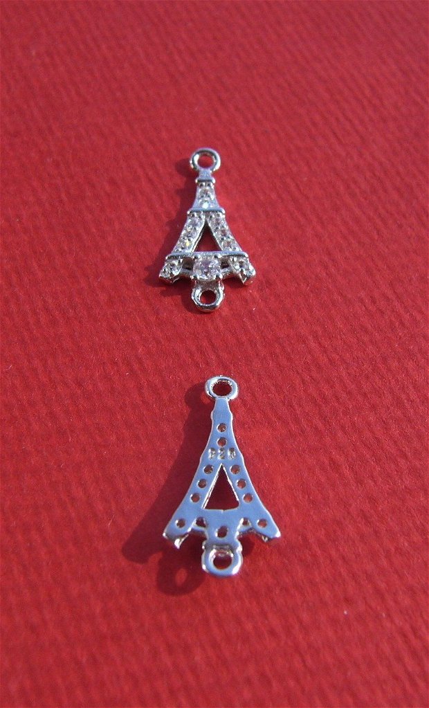 (2 bucati) Turnul Eiffel - link din argint .925 rodiat cu zirconii aprox 7x16 mm (cu anourile)