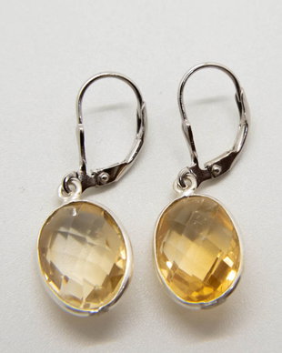 Cercei citrin oval fațetat cu montura din argint 925 și agatatori leverback argint 925