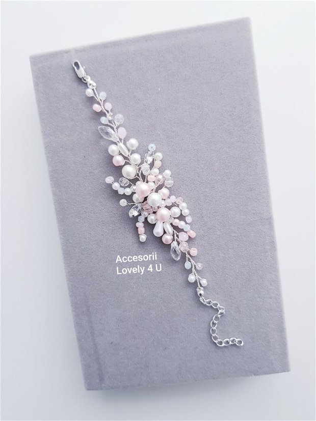 Brățară Romelia - Bratara mireasa cu perle albe și roz