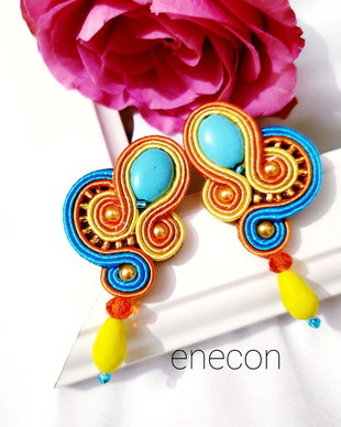 Cercei soutache turcoaz-portocaliu cu tija