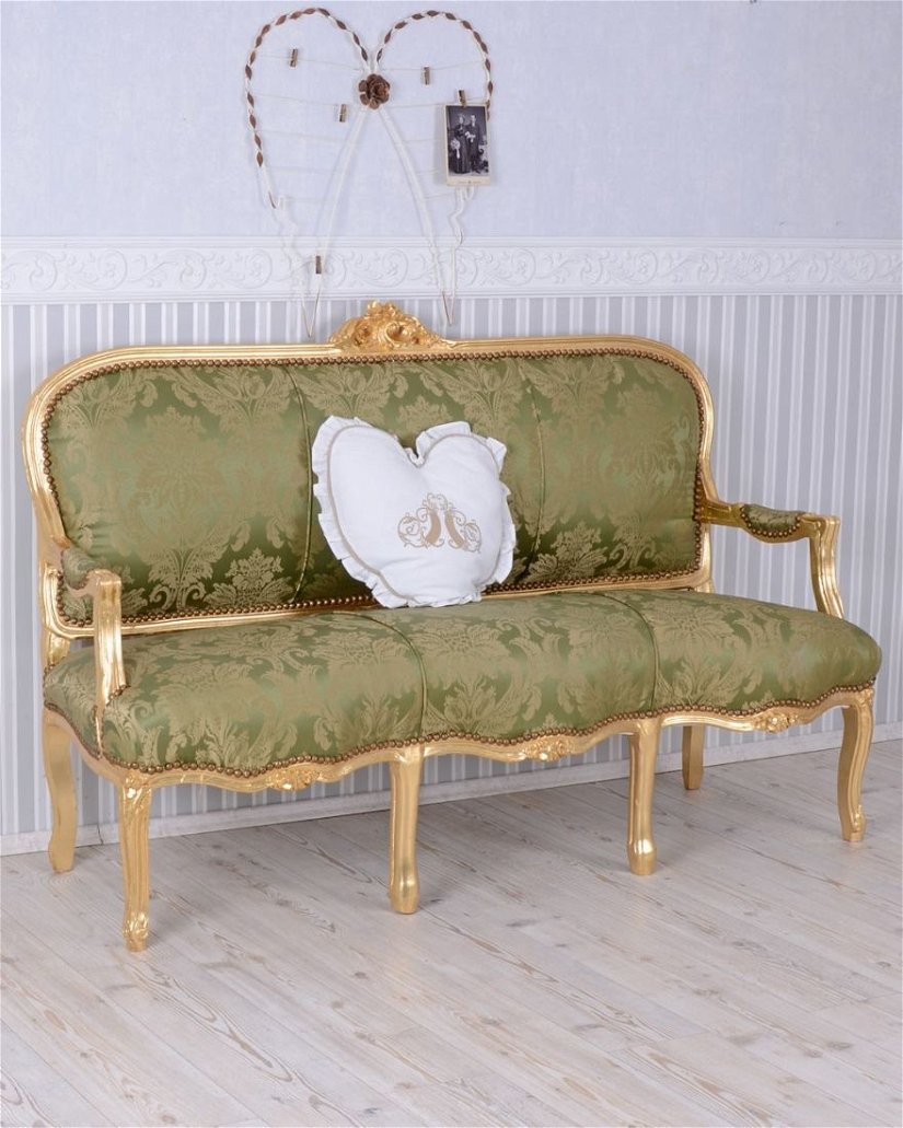 Sofa baroc din lemn masiv auriu cu tapiterie din matase verde