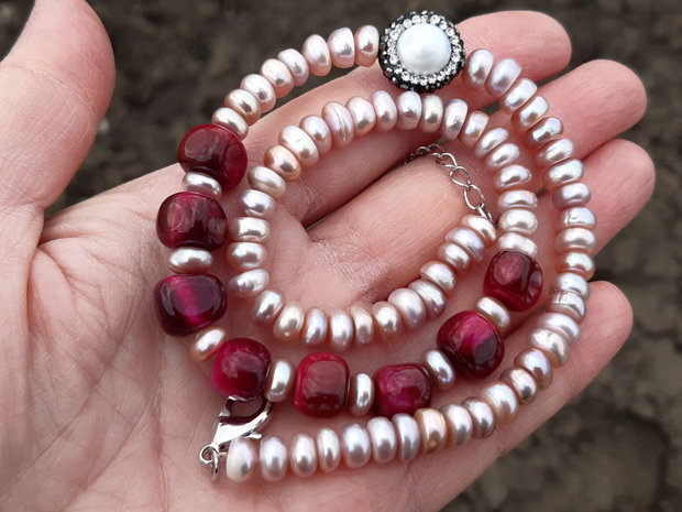 Perle purple freshwater&red tiger eye