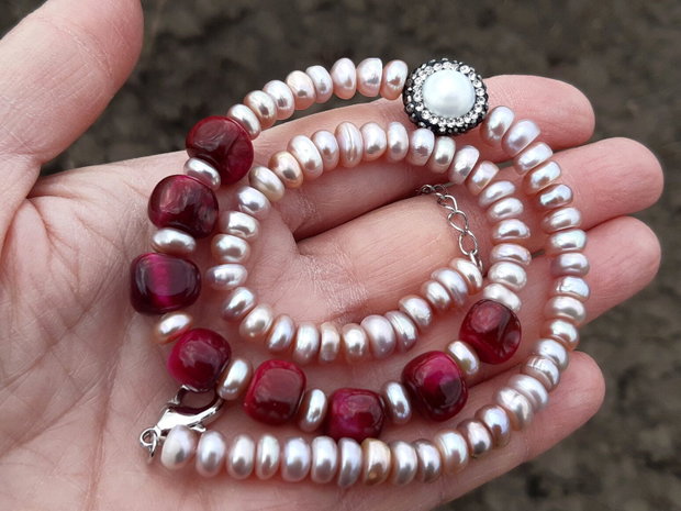 Perle purple freshwater&red tiger eye