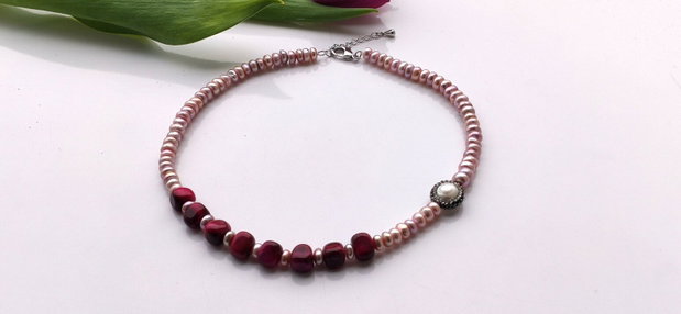 Perle purple freshwater&red tiger eye