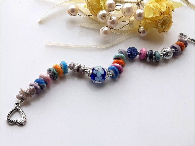 Bratara perle & agate multicolore
