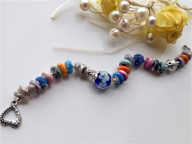Bratara perle & agate multicolore